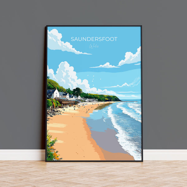 Saundersfoot Travel Poster – Pembrokeshire Coast Art | Welsh Coastal Print Wall Art