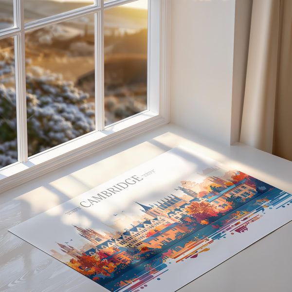 Cambridge Travel Print Skyline Wall Art Landscape, Travel Poster of Cambridge, Cambridge Art Lovers Gift, England Horizontal Art Gift