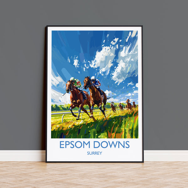 Epsom Downs Travel Poster Wall Art, Travel Print of Epsom Downs, Surrey, England, Epsom Downs Races Art Lovers Gift, England Art Gift