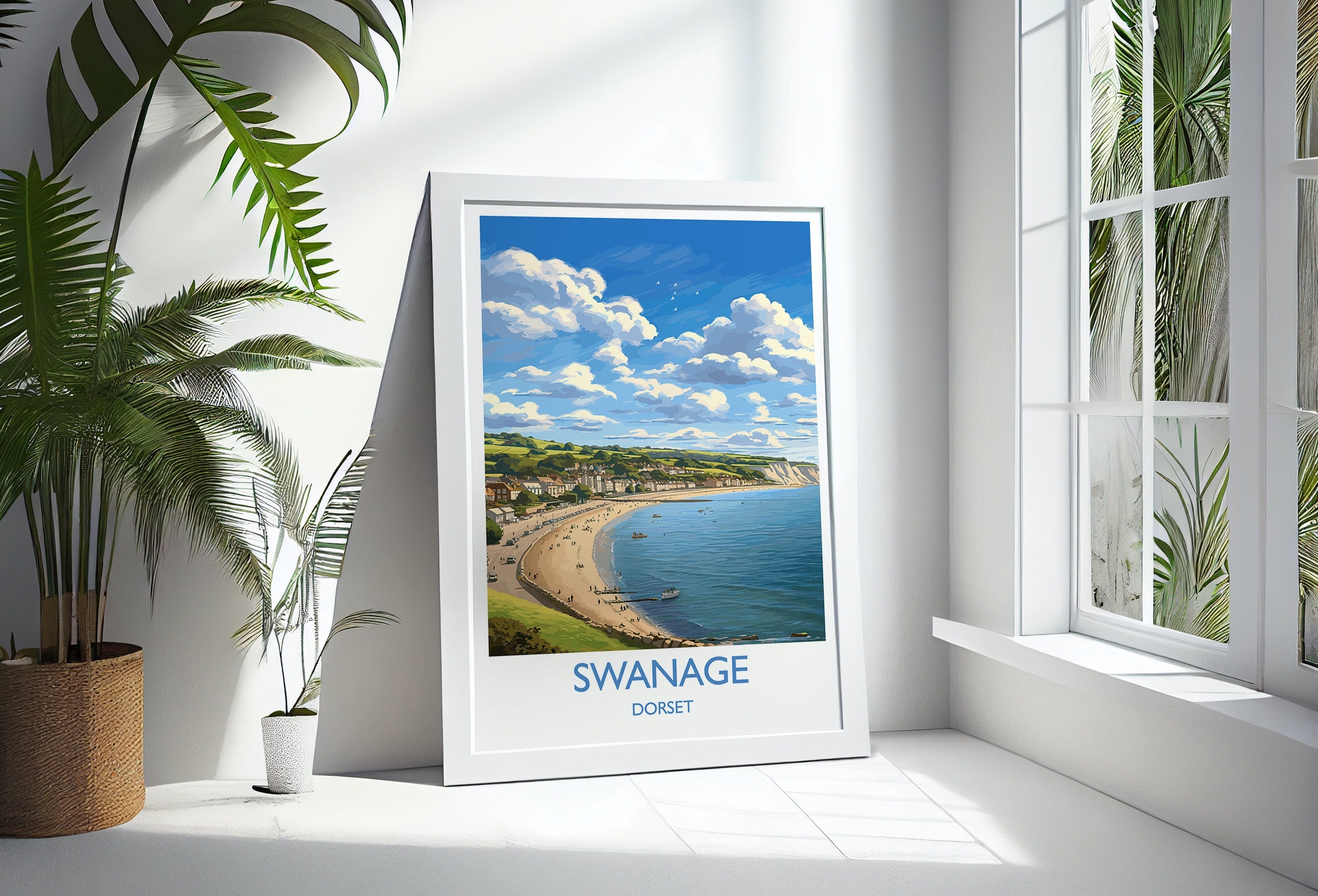 Swanage Bay Travel Print, Travel Poster of Swanage Bay, England, Dorset Coast Art Lovers Gift, Wall Art Print NQ Media Designs