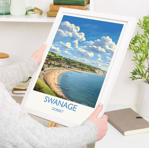 Swanage Bay Travel Print, Travel Poster of Swanage Bay, England, Dorset Coast Art Lovers Gift, Wall Art Print