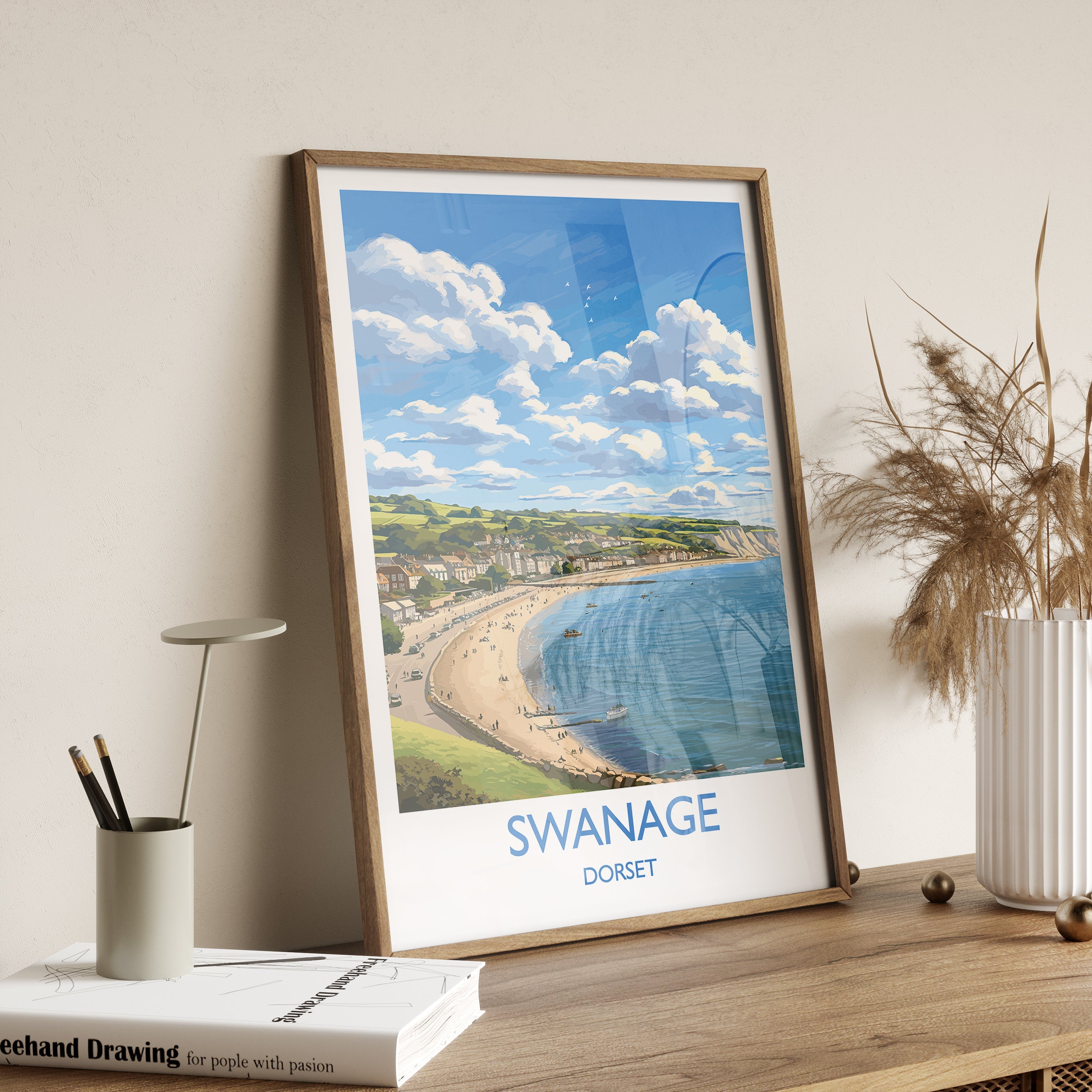 Swanage Bay Travel Print, Travel Poster of Swanage Bay, England, Dorset Coast Art Lovers Gift, Wall Art Print NQ Media Designs