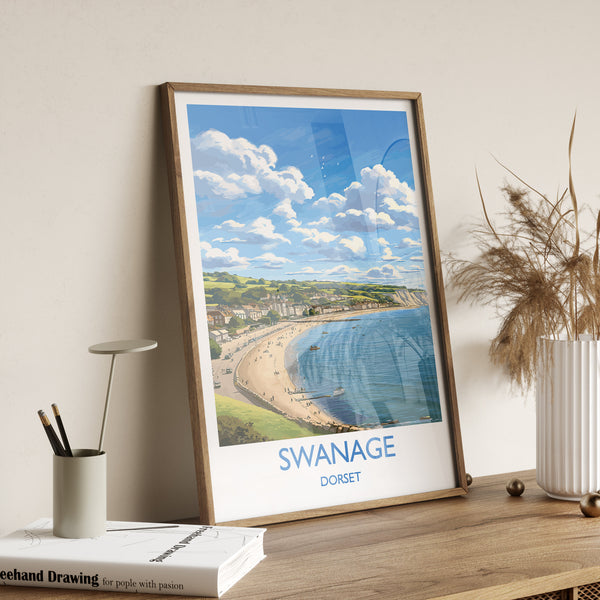 Swanage Bay Travel Print, Travel Poster of Swanage Bay, England, Dorset Coast Art Lovers Gift, Wall Art Print