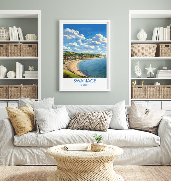 Swanage Bay Travel Print, Travel Poster of Swanage Bay, England, Dorset Coast Art Lovers Gift, Wall Art Print