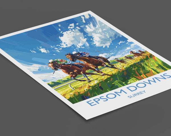 Epsom Downs Travel Poster Wall Art, Travel Print of Epsom Downs, Surrey, England, Epsom Downs Races Art Lovers Gift, England Art Gift