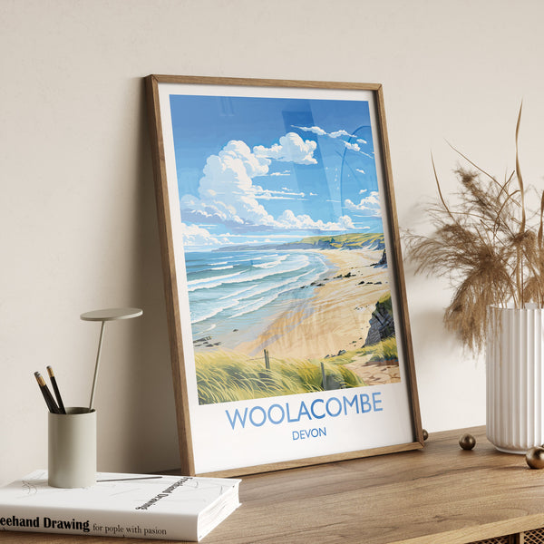 Woolacombe Travel Poster Wall Art, Travel Print of Woolacombe,England, Devon Art Lovers Gift, Travel Art Gift
