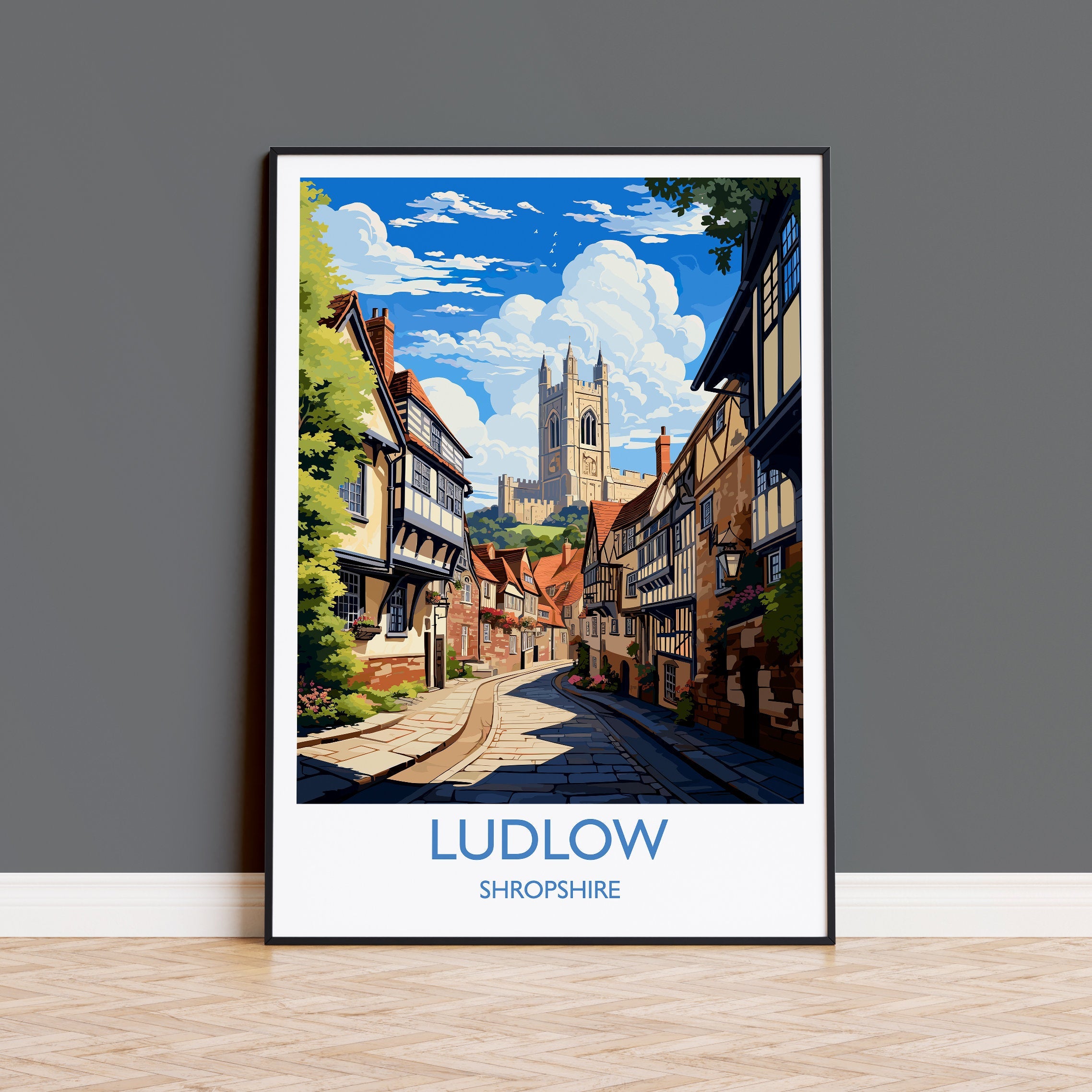 Ludlow Travel Print, Travel Poster of Ludlow, England, Shropshire Art, Ludlow Art Lovers Gift, Wall Art Print NQ Media Designs