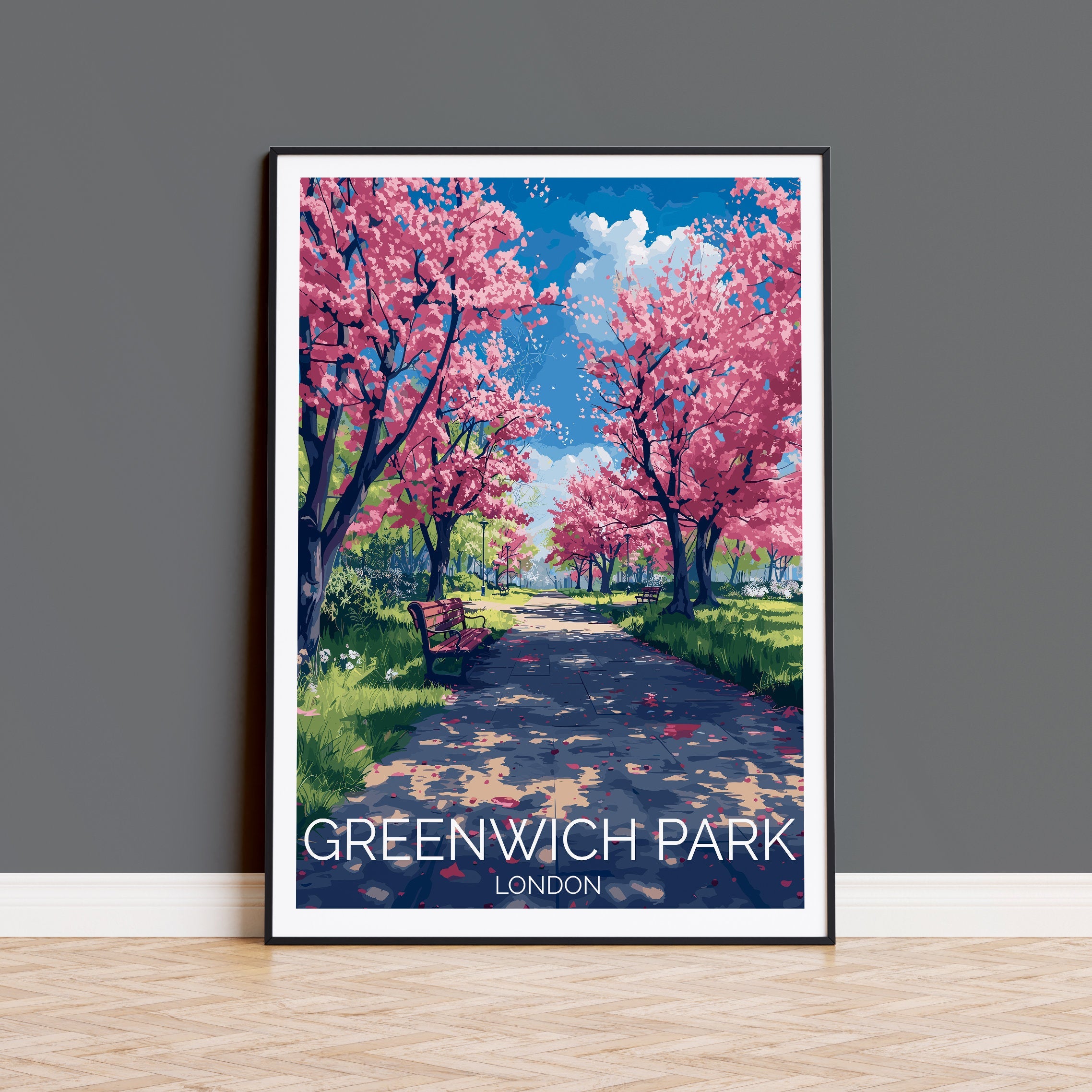 Greenwich Park Travel Poster Wall Art, Travel Print of Greenwich Park, Spring Blossom, Greenwich Park Art Gift, London Art Lovers Gift NQ Media Designs