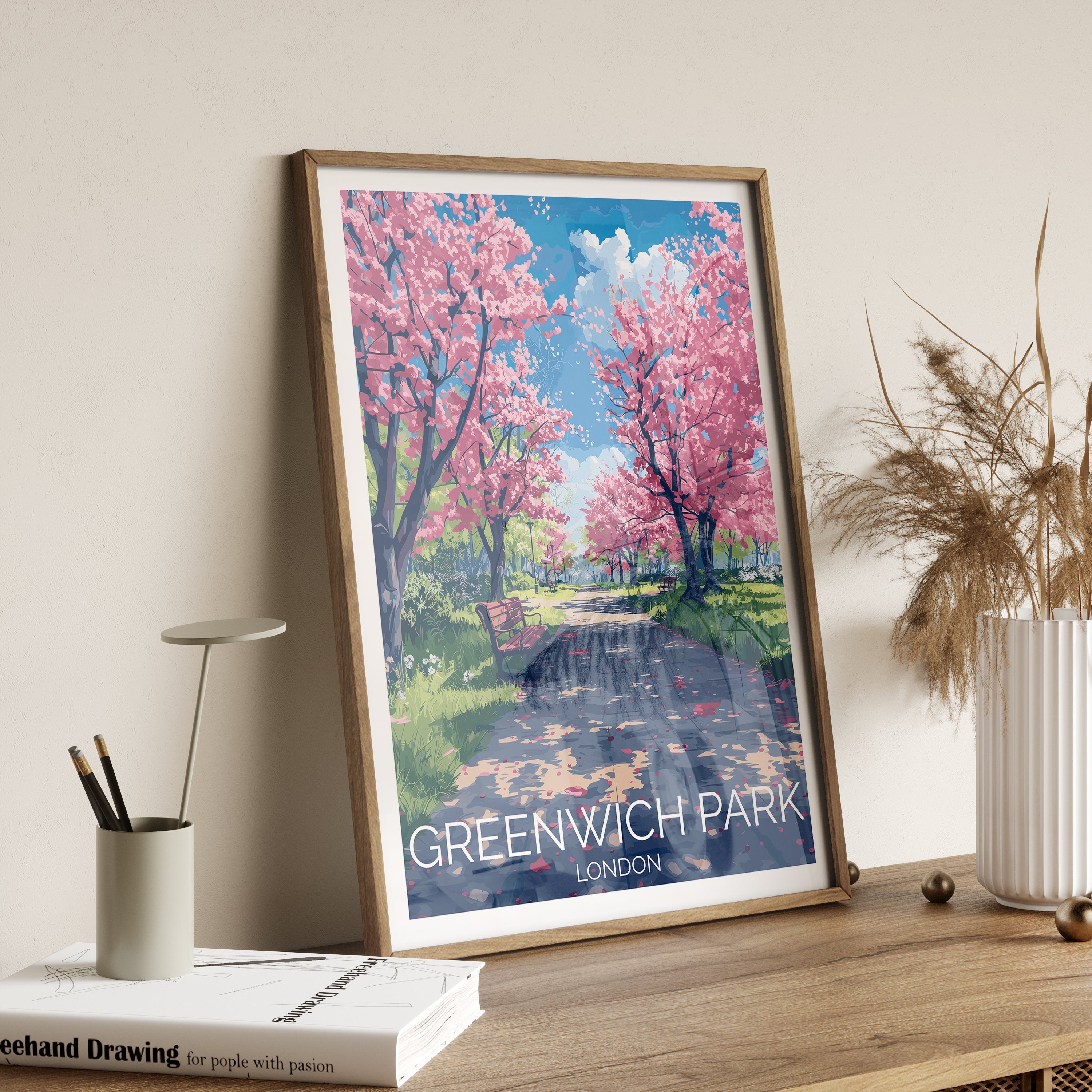 Greenwich Park Travel Poster Wall Art, Travel Print of Greenwich Park, Spring Blossom, Greenwich Park Art Gift, London Art Lovers Gift NQ Media Designs