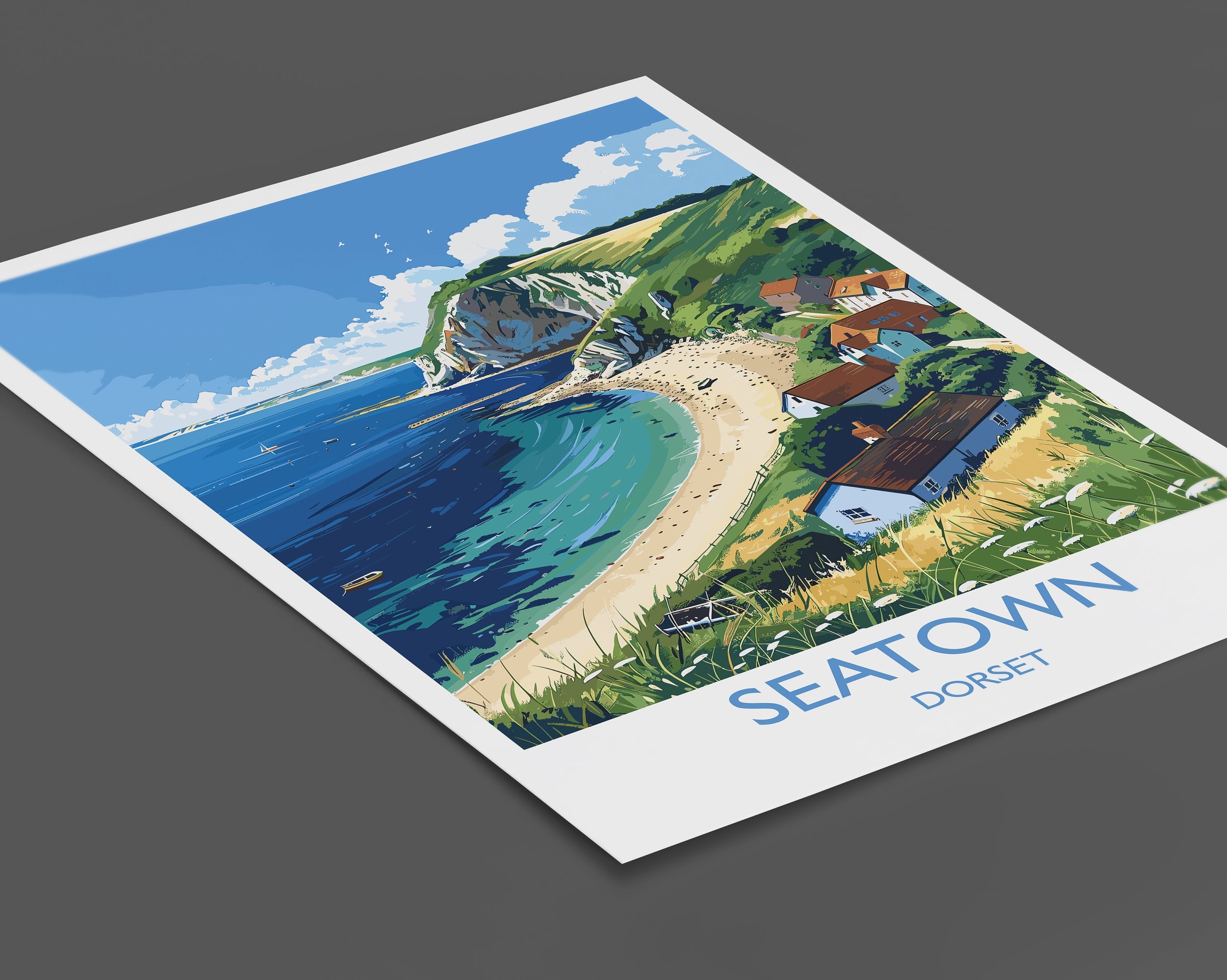 Seatown Travel Print Wall Art, Travel Poster of Seatown, England, Dorset Coast Art Lovers Gift, Dorset Wall Decor NQ Media Designs
