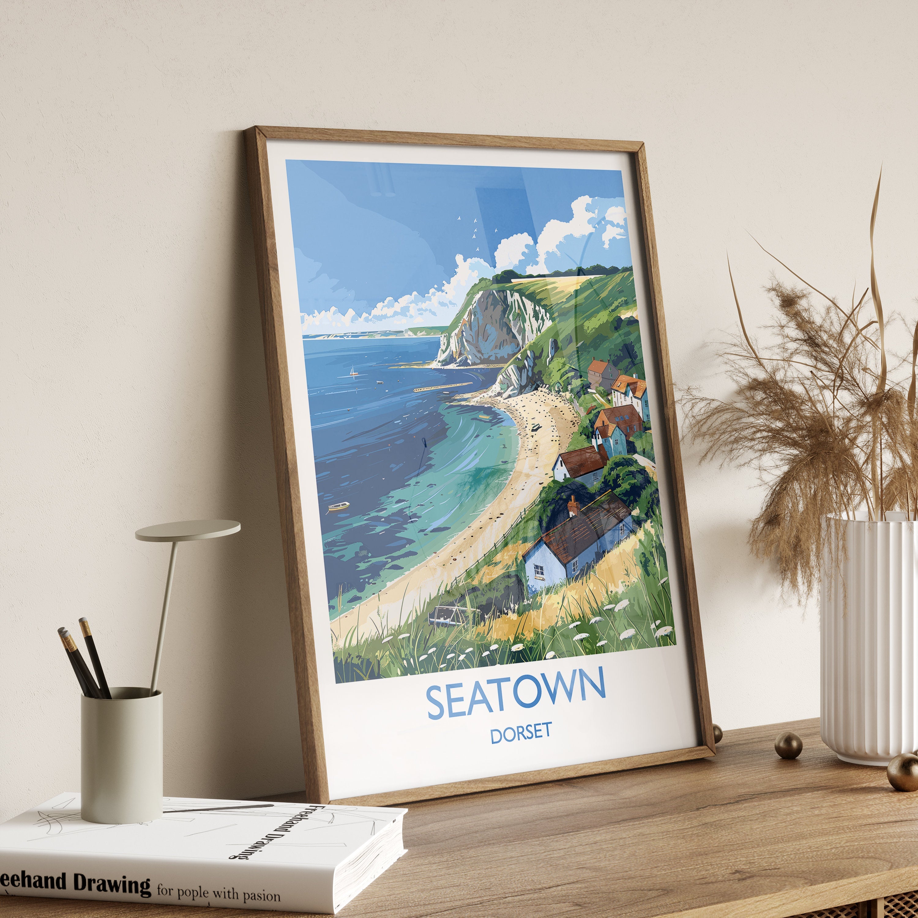 Seatown Travel Print Wall Art, Travel Poster of Seatown, England, Dorset Coast Art Lovers Gift, Dorset Wall Decor NQ Media Designs