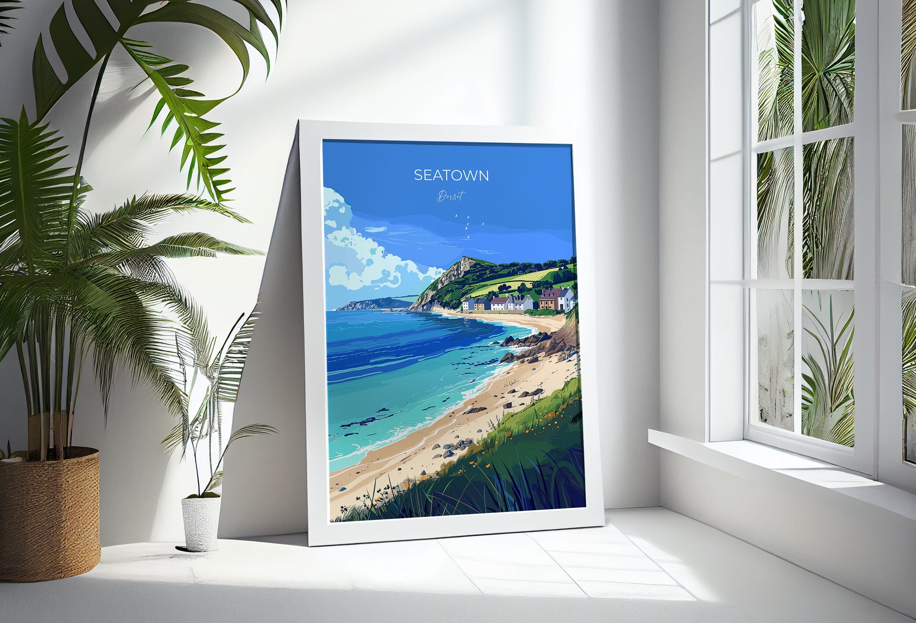 Seatown Travel Poster Wall Art, Travel Print of Seatown, England, Dorset Coast Art Lovers Gift, Dorset Wall Decor NQ Media Designs