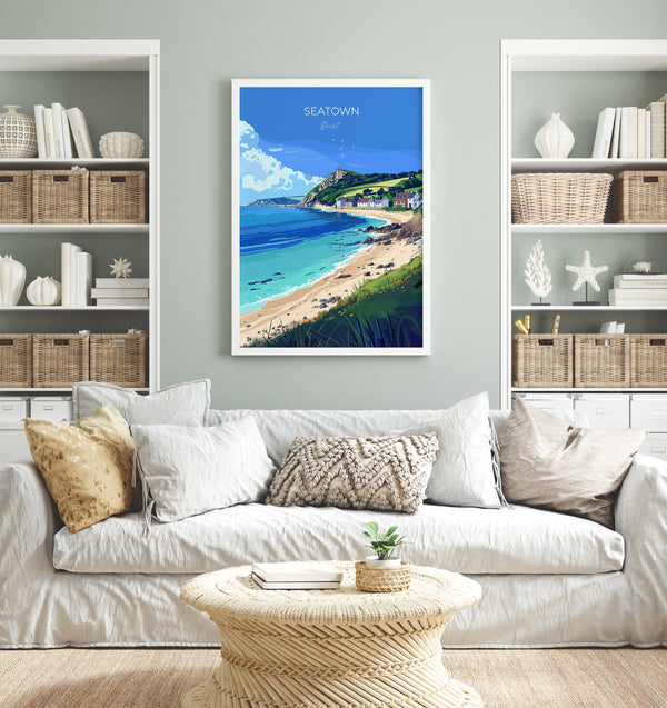 Seatown Travel Poster Wall Art, Travel Print of Seatown, England, Dorset Coast Art Lovers Gift, Dorset Wall Decor