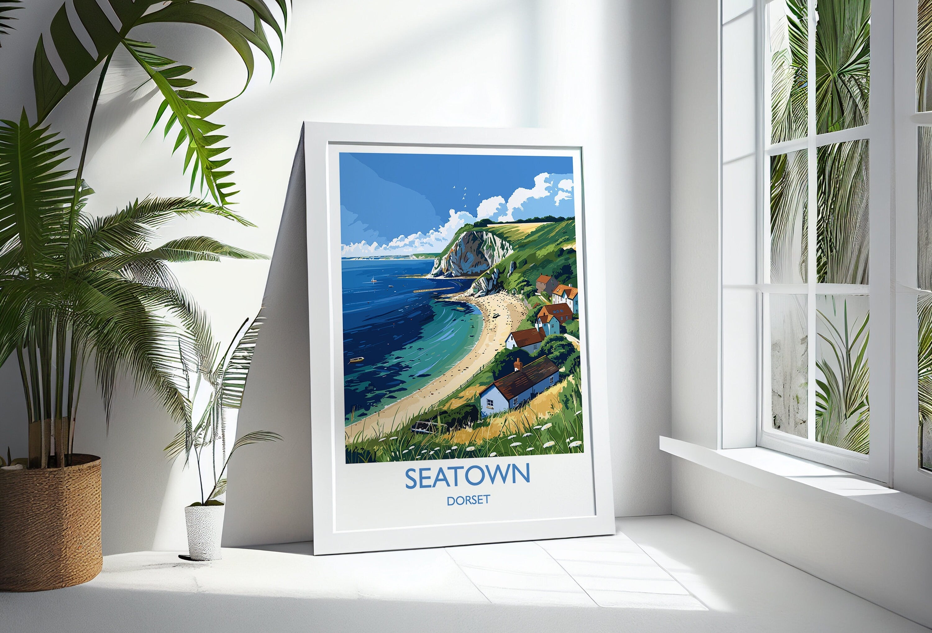 Seatown Travel Print Wall Art, Travel Poster of Seatown, England, Dorset Coast Art Lovers Gift, Dorset Wall Decor NQ Media Designs