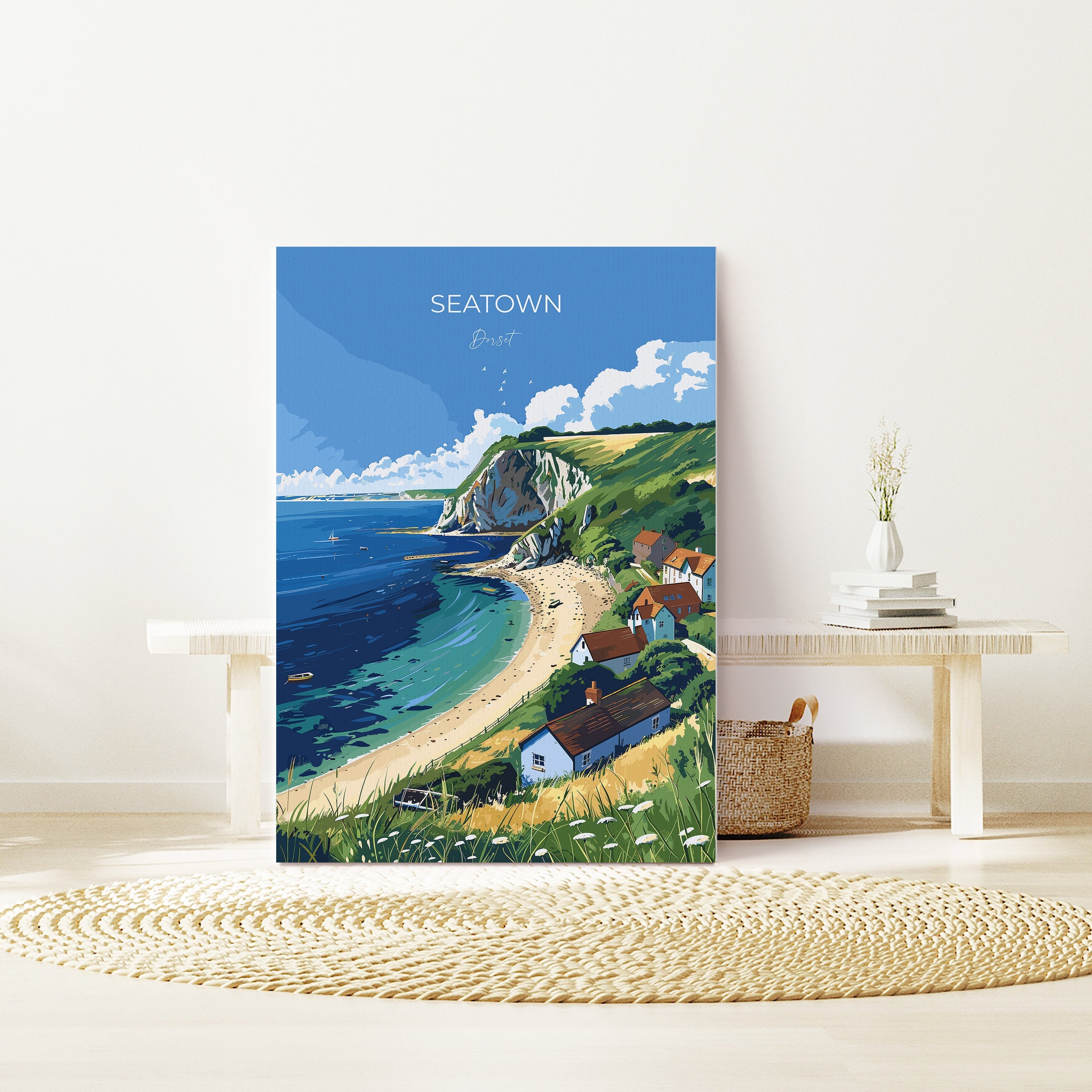 Seatown Travel Poster Wall Art, Travel Print of Seatown, England, Dorset Coast Art Lovers Gift, Dorset Wall Decor NQ Media Designs