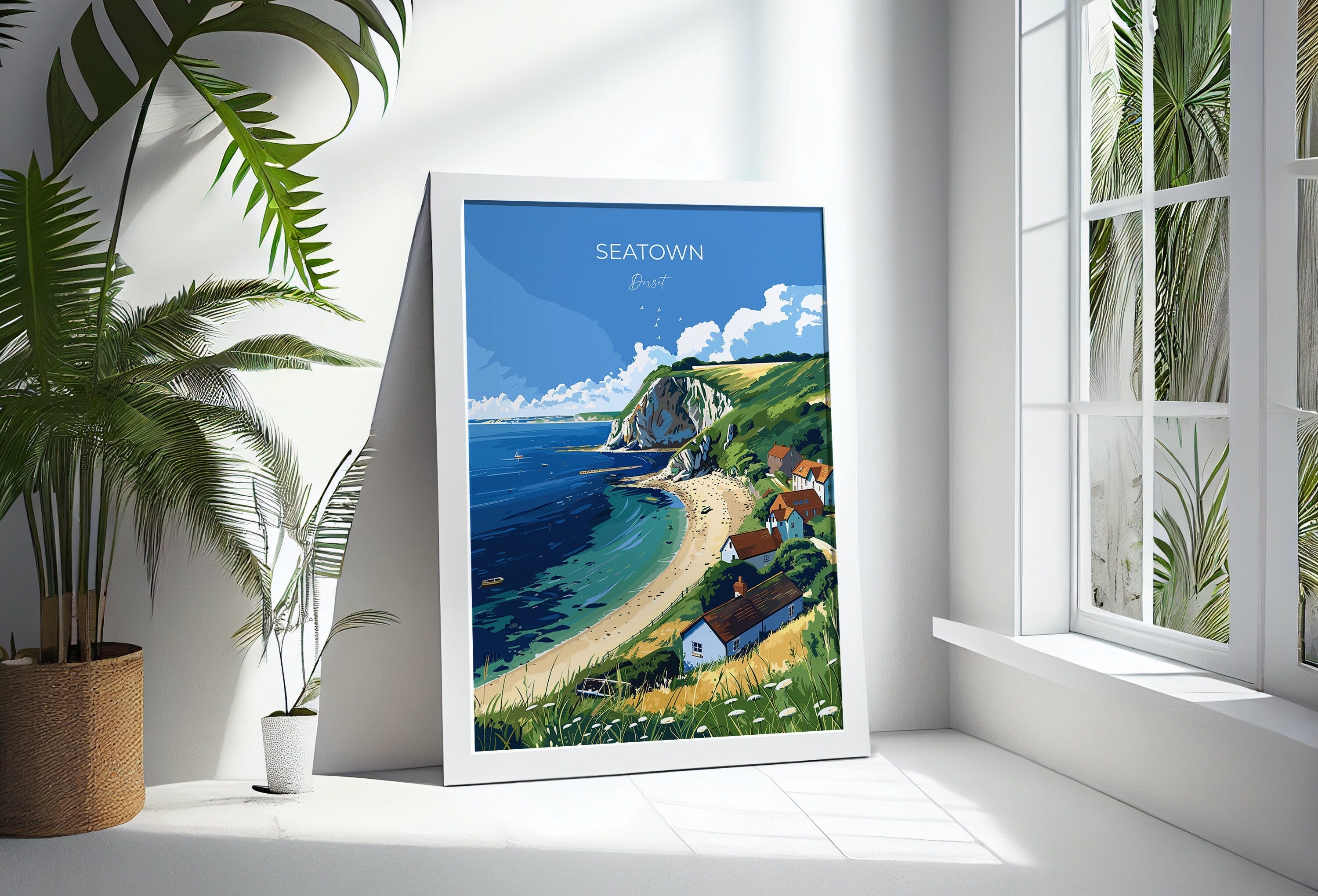 Seatown Travel Poster Wall Art, Travel Print of Seatown, England, Dorset Coast Art Lovers Gift, Dorset Wall Decor NQ Media Designs