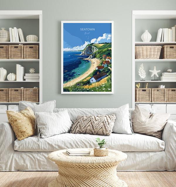Seatown Travel Poster Wall Art, Travel Print of Seatown, England, Dorset Coast Art Lovers Gift, Dorset Wall Decor