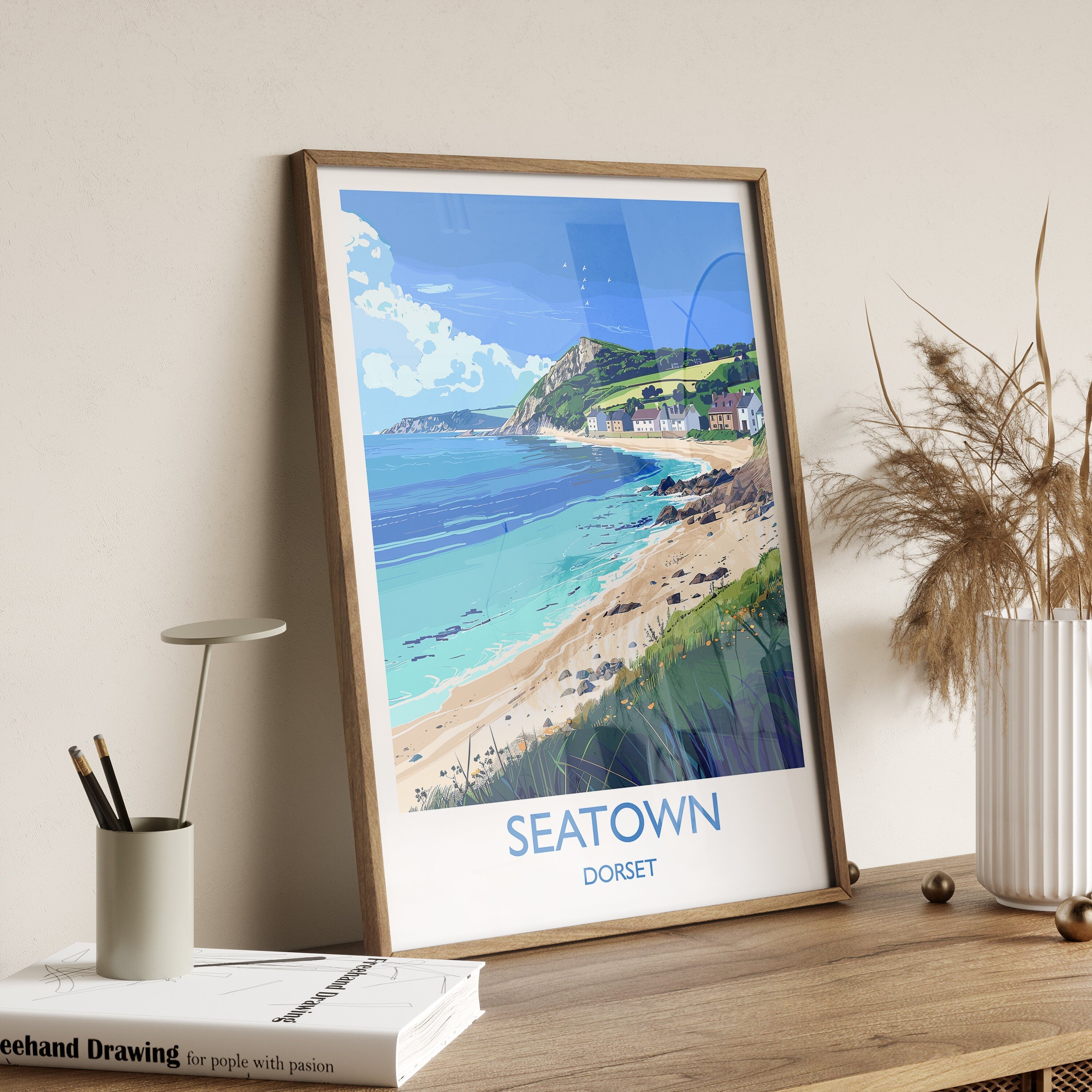 Seatown Travel Print Wall Art, Travel Poster of Seatown, England, Dorset Coast Art Lovers Gift, Dorset Wall Decor NQ Media Designs