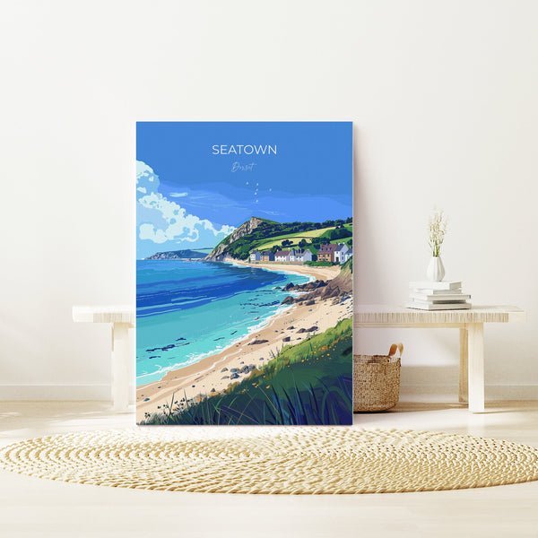 Seatown Travel Poster Wall Art, Travel Print of Seatown, England, Dorset Coast Art Lovers Gift, Dorset Wall Decor