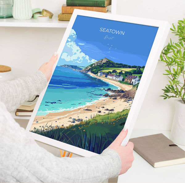 Seatown Travel Poster Wall Art, Travel Print of Seatown, England, Dorset Coast Art Lovers Gift, Dorset Wall Decor