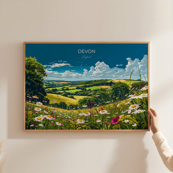 Devon Landscape Travel Poster Wall Art, Travel Print of Devon, Devon Art Lovers Gift, English Countryside