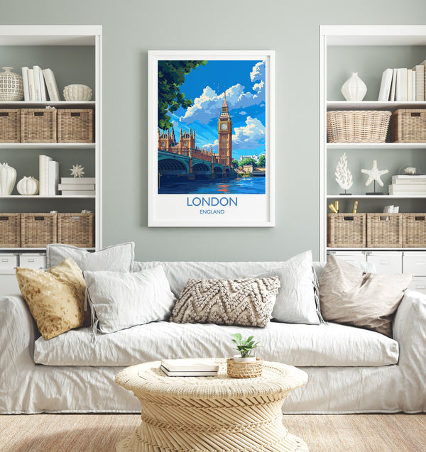 London Travel Print Wall Art, Travel Poster of London, London Art Lovers Gift, Big Ben Art Gift