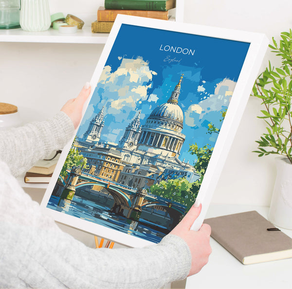 London Travel Poster Wall Art, Travel Print of London, London Art Lovers Gift, St Pauls Cathedral Art Gift