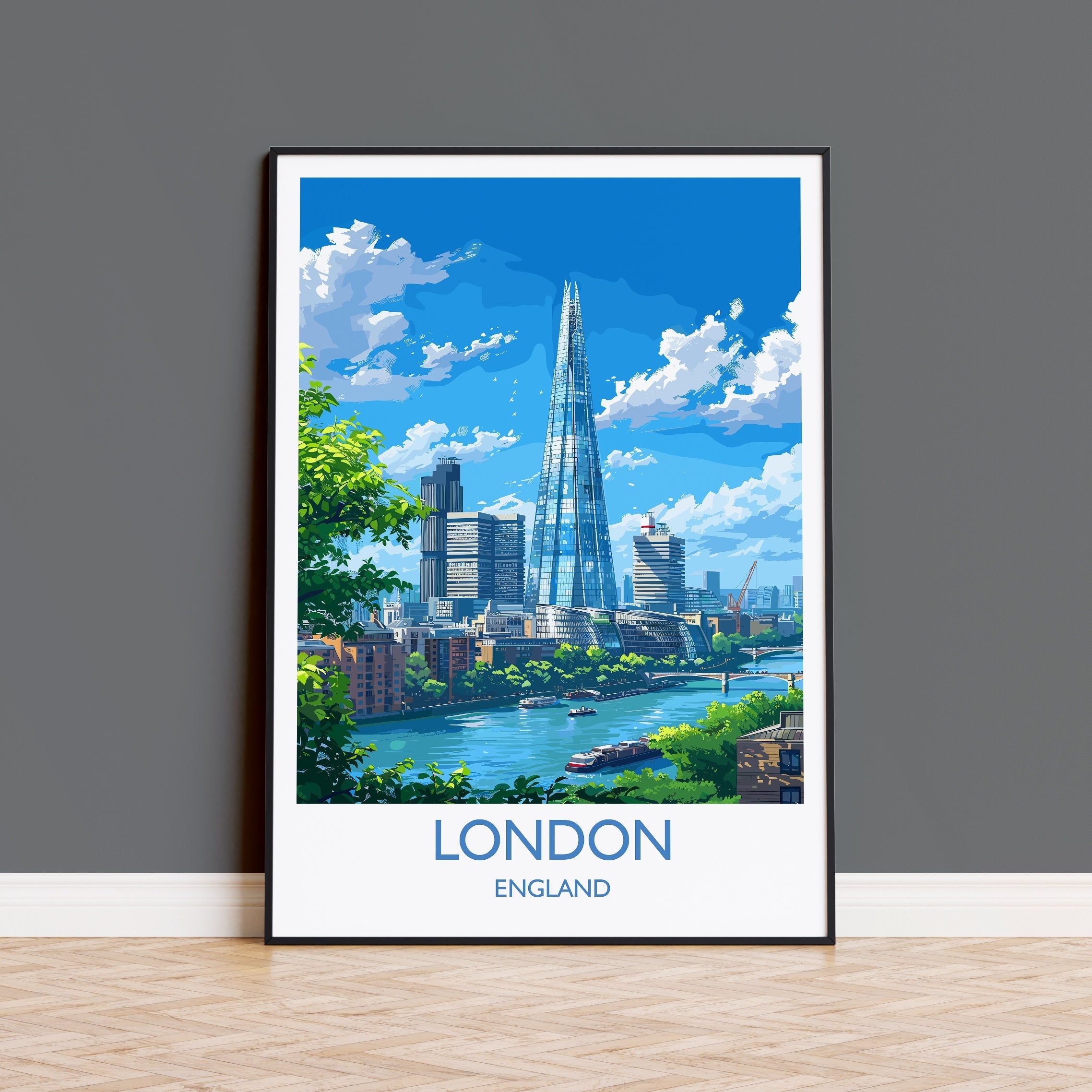 London Travel Print Wall Art, Travel Poster of London, London Art Lovers Gift, The Shard Art Gift NQ Media Designs