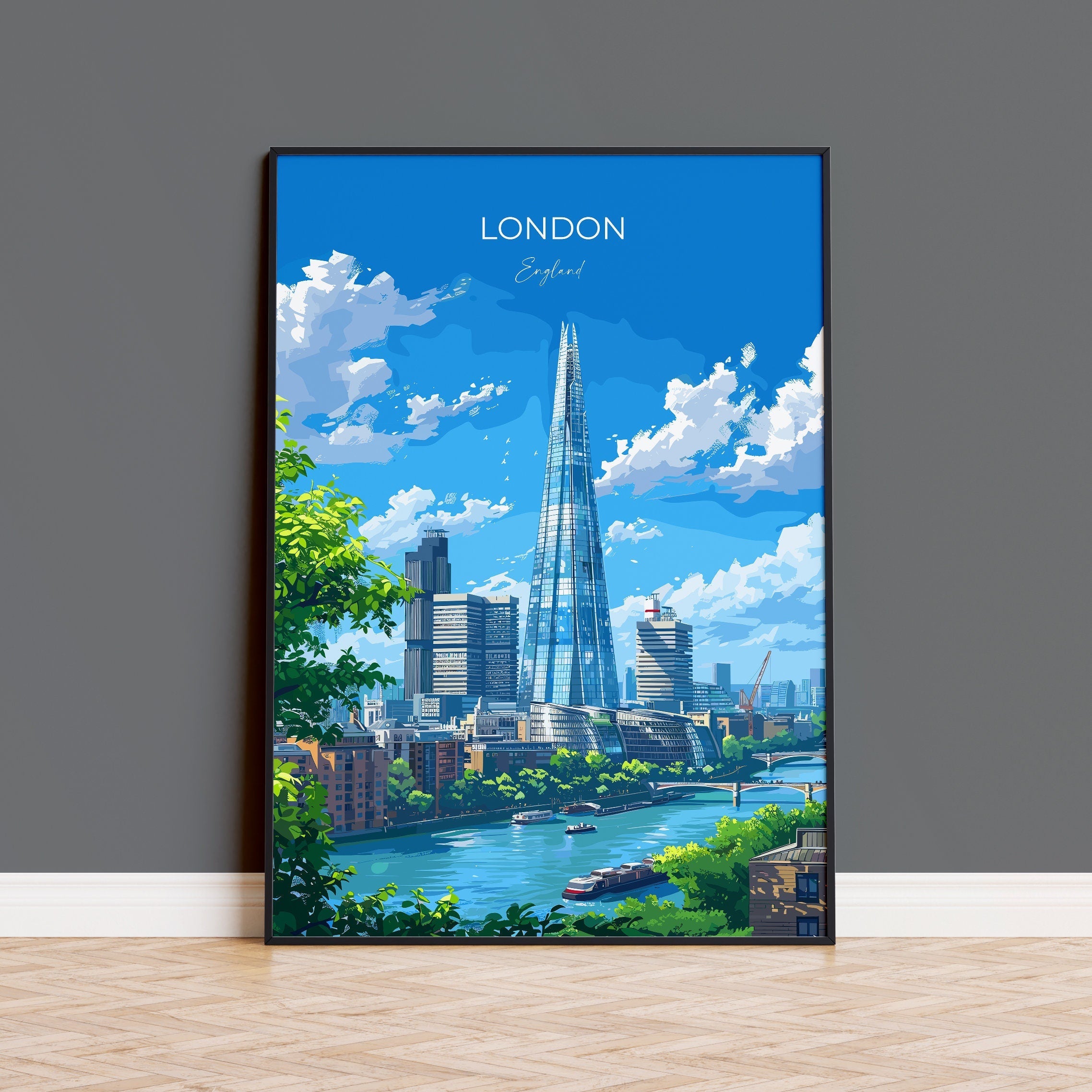 London Travel Poster Wall Art, Travel Print of London, London Art Lovers Gift, The Shard Art Gift NQ Media Designs