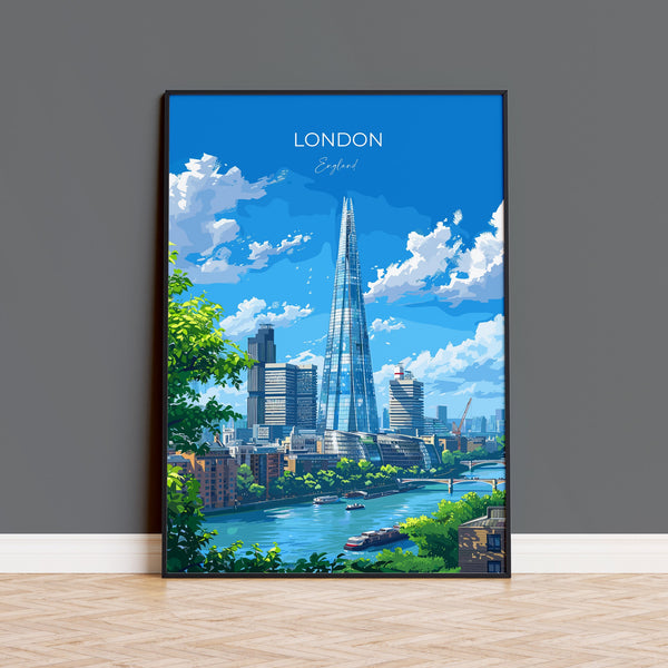 London Travel Poster Wall Art, Travel Print of London, London Art Lovers Gift, The Shard Art Gift