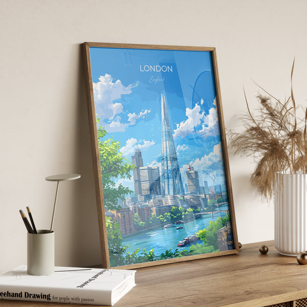 London Travel Poster Wall Art, Travel Print of London, London Art Lovers Gift, The Shard Art Gift