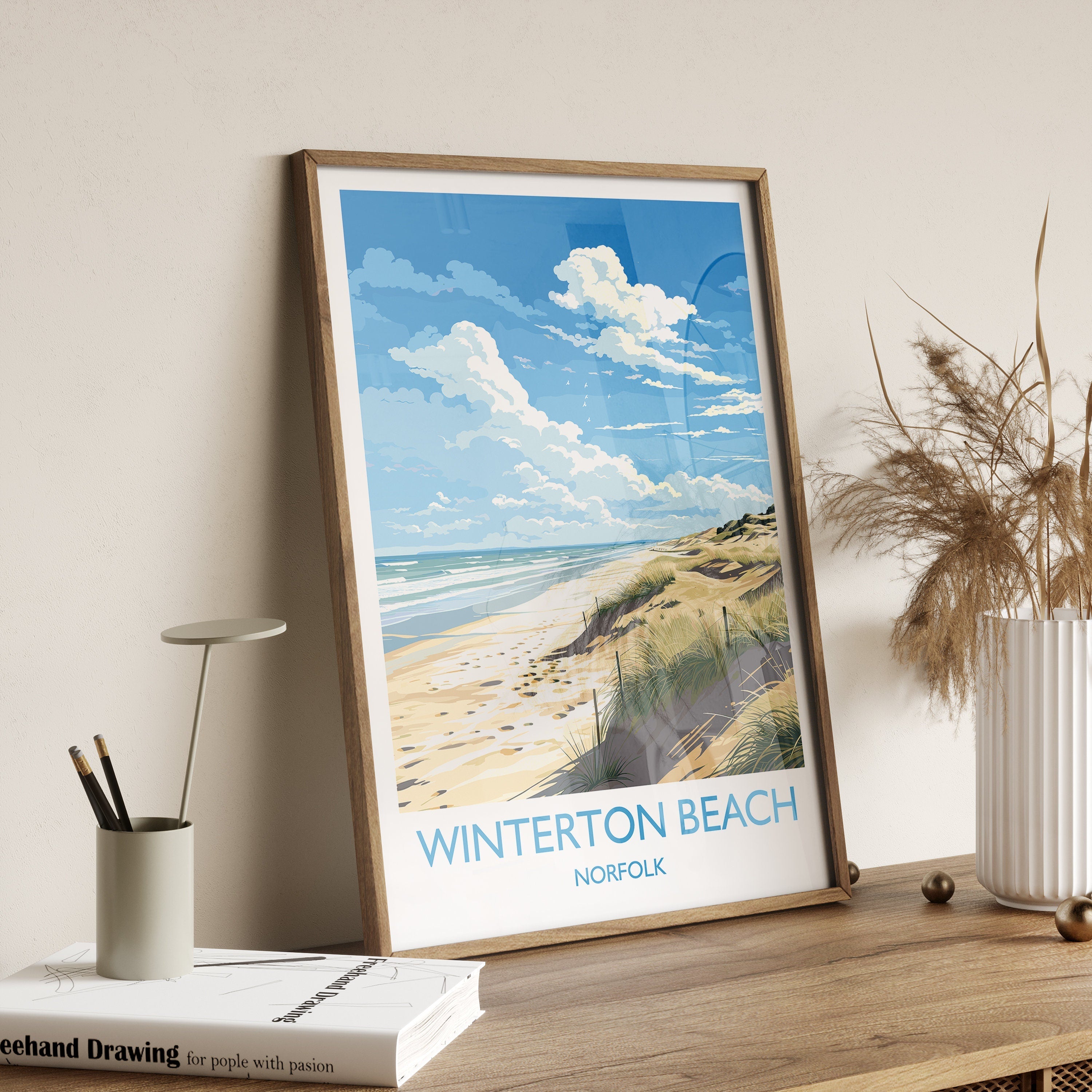 Winterton Beach Travel Print, Travel Poster of Winterton Beach, Norfolk, England, Winterton Beach Gift, Norfolk Art Gift, Wall Art Print NQ Media Designs