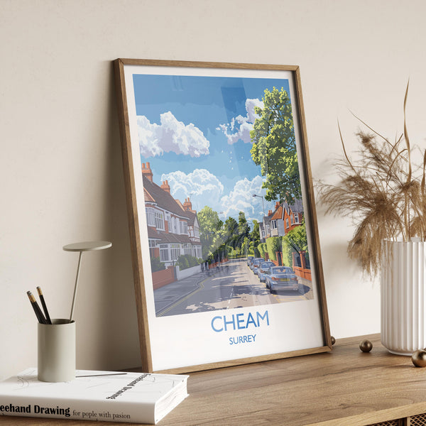 Cheam Travel Print, Travel Poster of Cheam , Surrey Poster, Cheam Art Gift, London Art Lovers UK Travel Gift