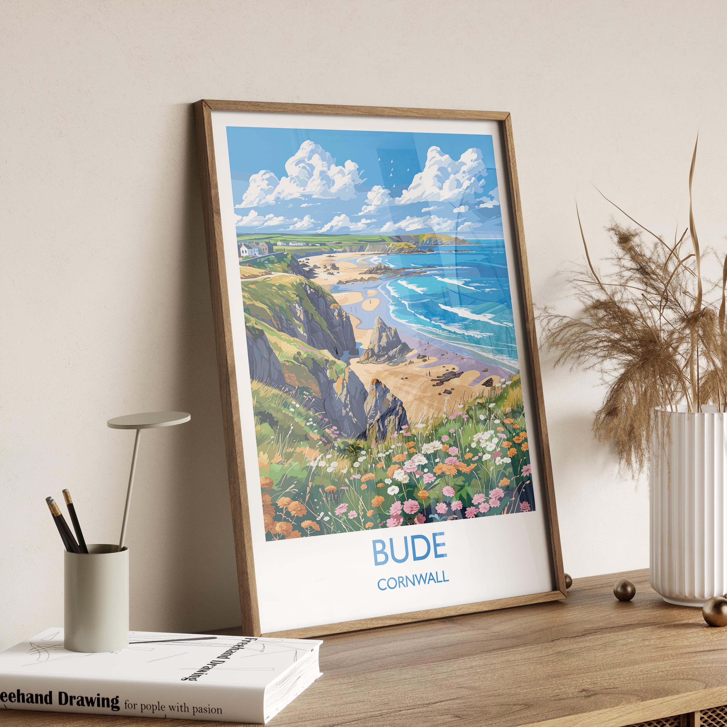 Bude Travel Print, Travel Poster of Bude, England, Cornwall Art, Bude Art Lovers Gift, Wall Art Print NQ Media Designs