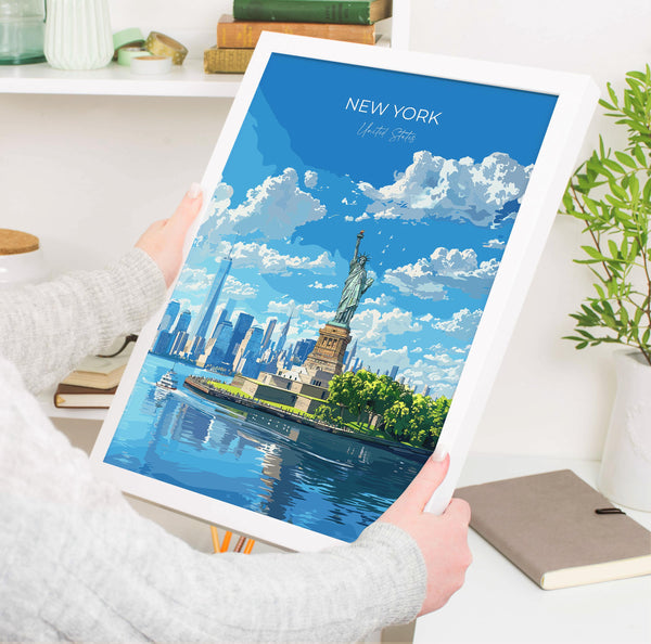 New York Travel Poster Wall Art, Travel Print of New York Manhattan, Statue of Liberty New York Art Lovers Gift, USA Art Gift