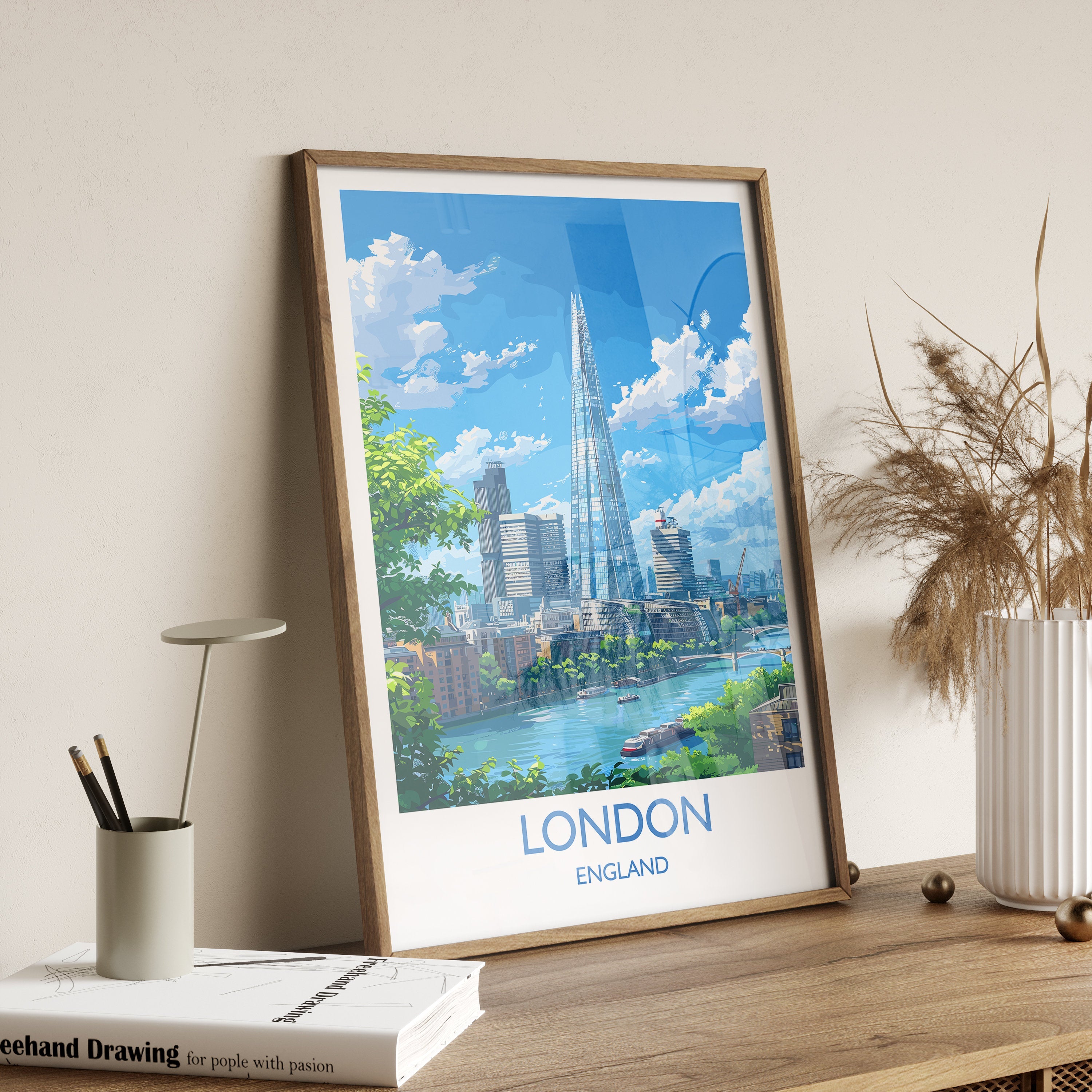 London Travel Print Wall Art, Travel Poster of London, London Art Lovers Gift, The Shard Art Gift NQ Media Designs