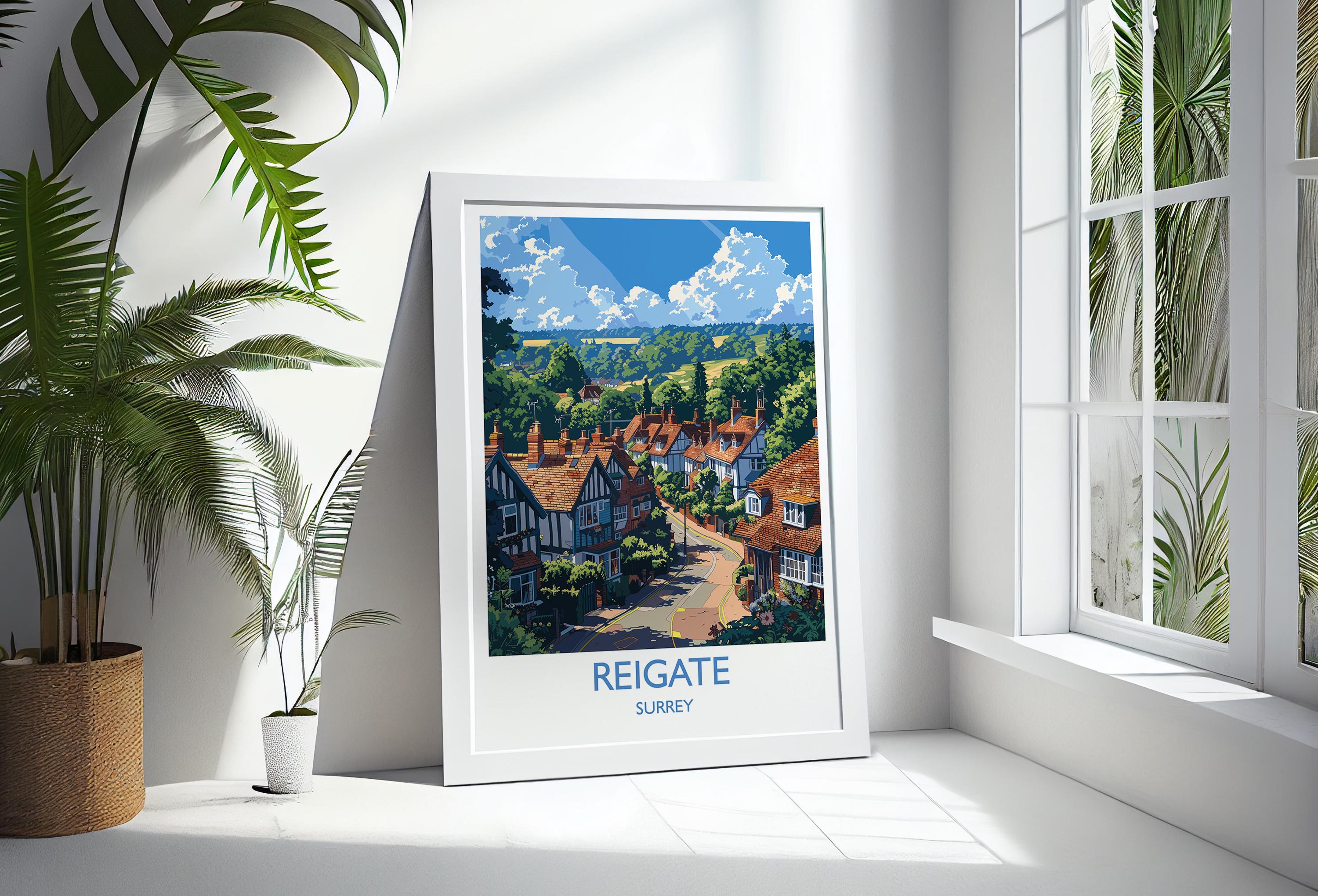 Reigate Travel Print, Travel Poster of Reigate, Surrey Poster, Reigate Art Gift, London Art Lovers UK Travel Gift NQ Media Designs