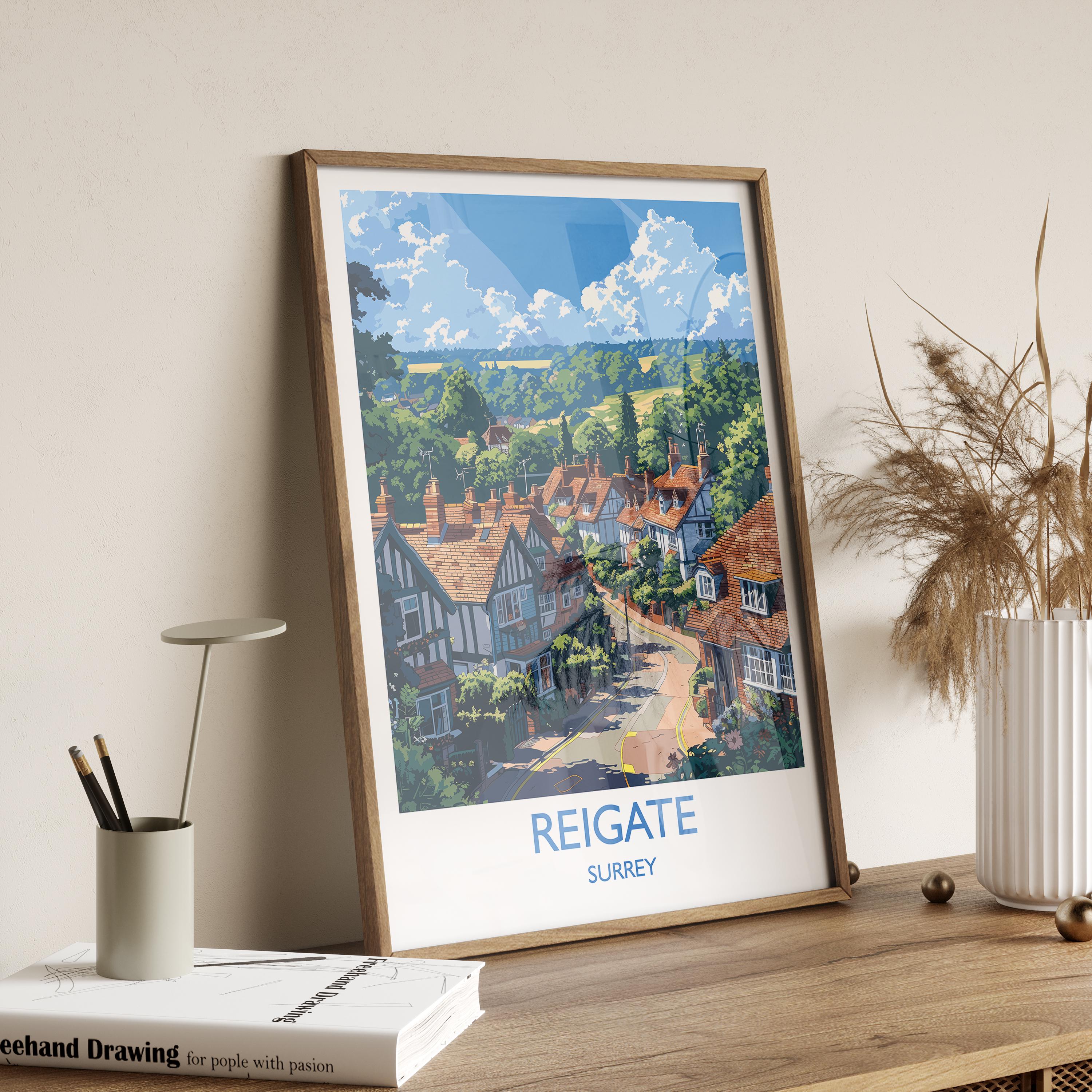 Reigate Travel Print, Travel Poster of Reigate, Surrey Poster, Reigate Art Gift, London Art Lovers UK Travel Gift NQ Media Designs