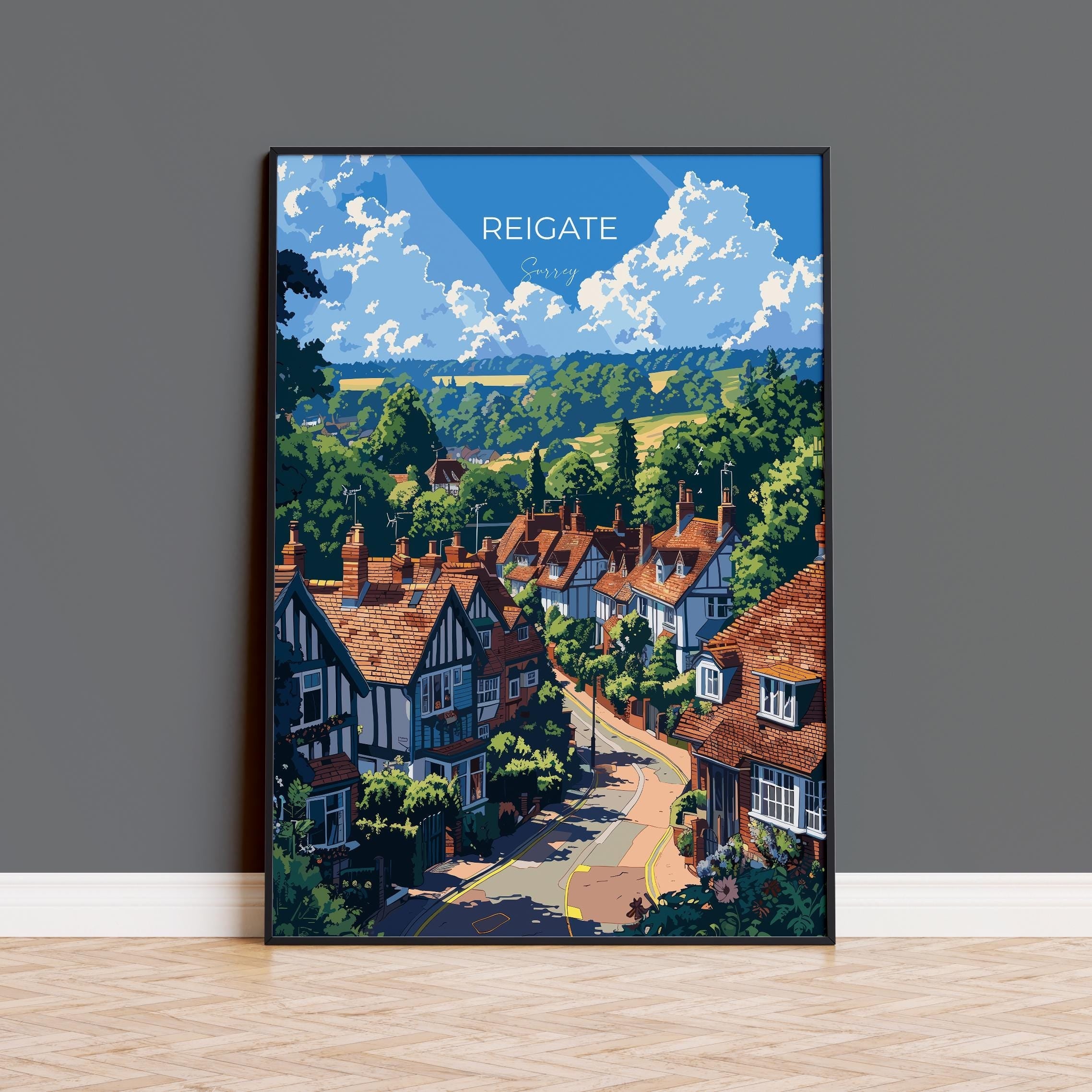 Reigate Travel Poster, Travel Print of Reigate, Surrey Poster, Reigate Art Gift, London Art Lovers UK Travel Gift NQ Media Designs