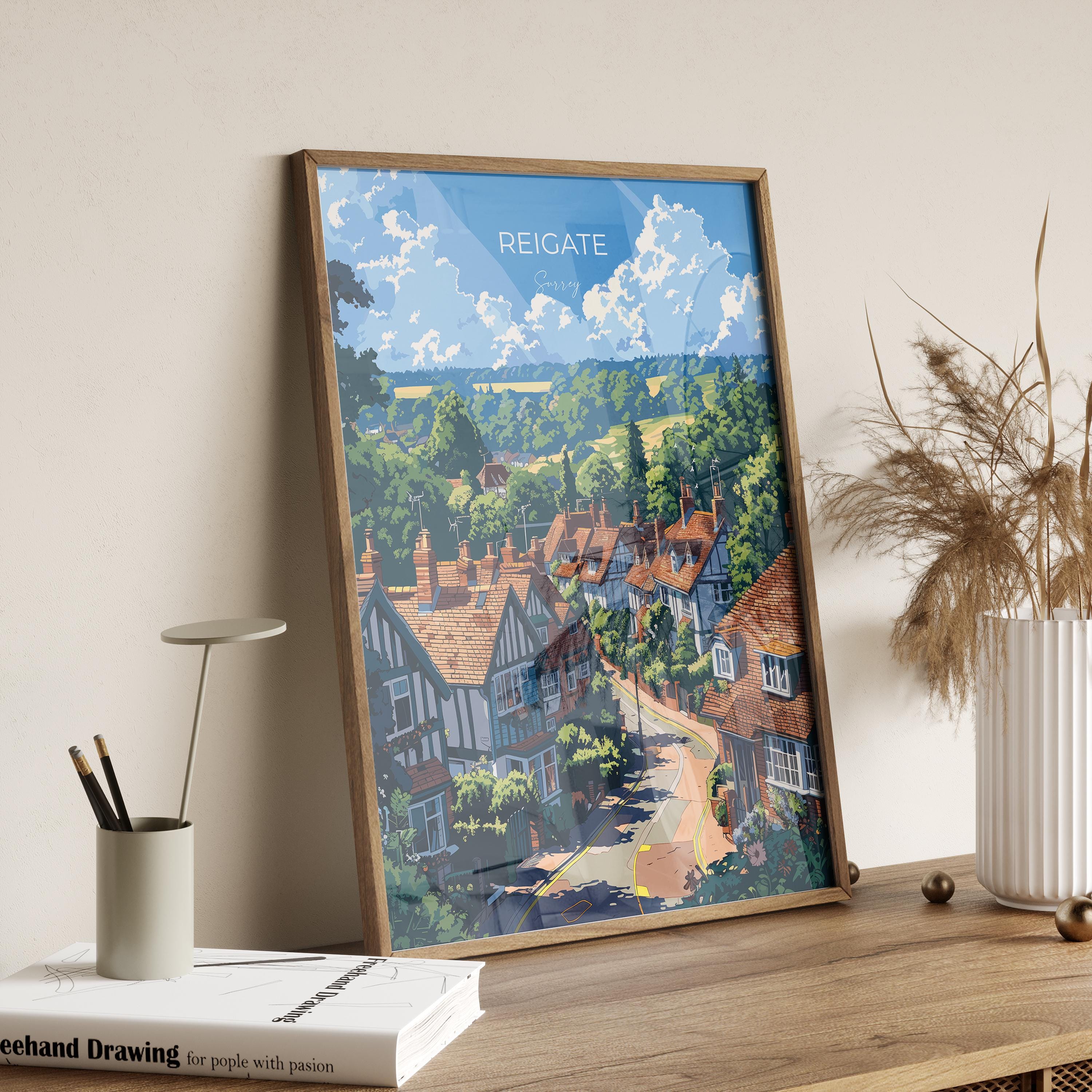 Reigate Travel Poster, Travel Print of Reigate, Surrey Poster, Reigate Art Gift, London Art Lovers UK Travel Gift NQ Media Designs