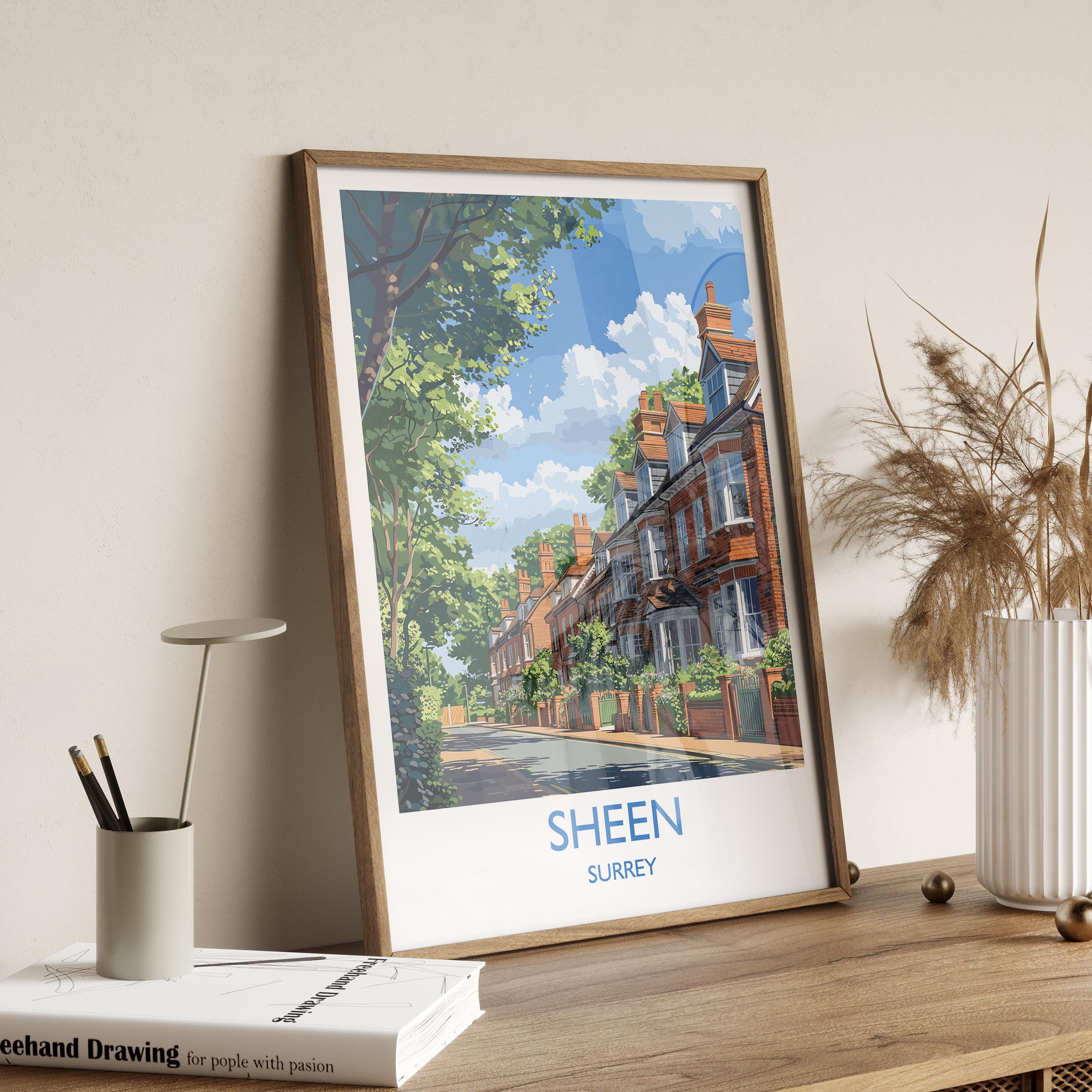 Sheen Travel Print, Travel Poster of Sheen, Surrey Poster, Sheen Art Gift, London Art Lovers UK Travel Gift NQ Media Designs