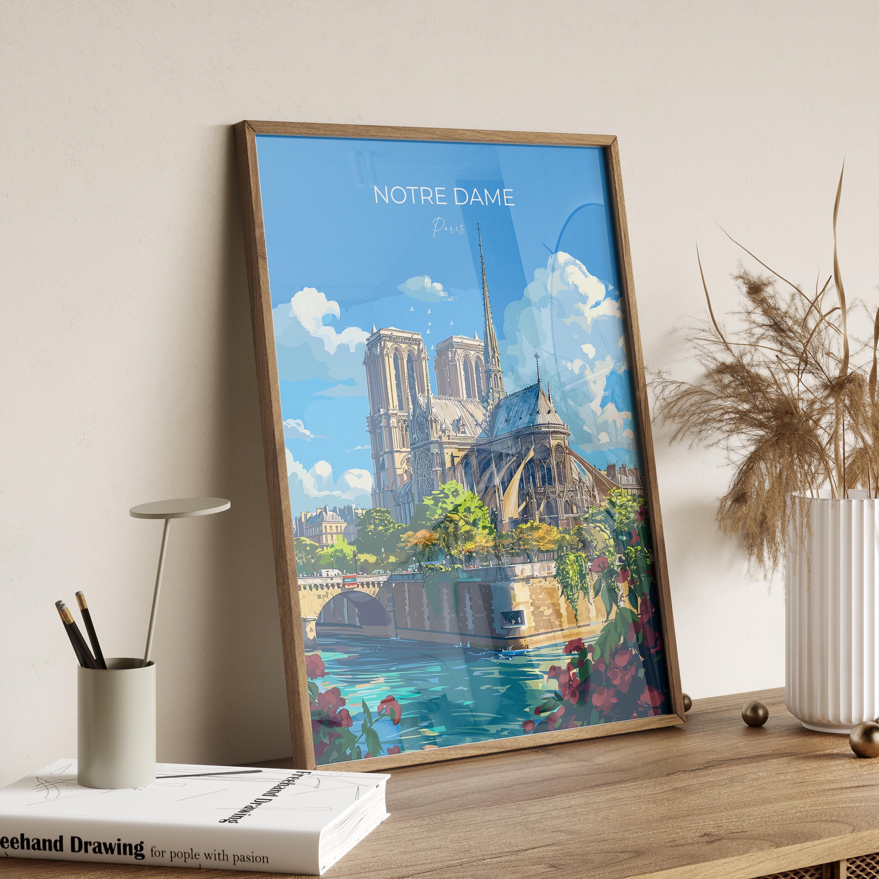 Notre Dame Paris Travel Poster, Travel Print of Notre Dame Paris, France, Paris Art Lovers Gift, Notre Dame France Wall Art NQ Media Designs