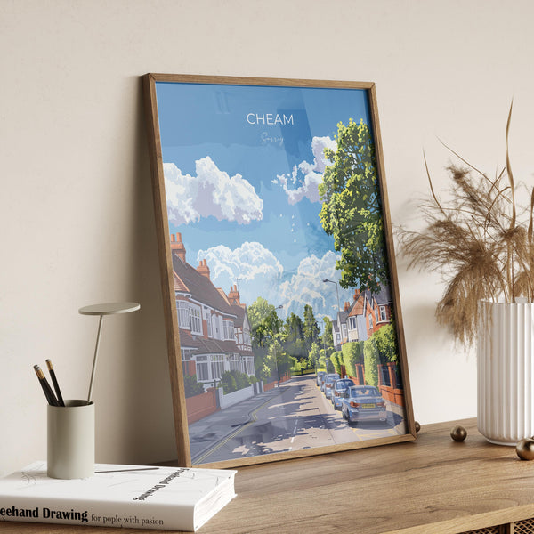 Cheam Travel Poster, Travel Print of Cheam, Surrey Poster, Cheam Art Gift, London Art Lovers UK Travel Gift