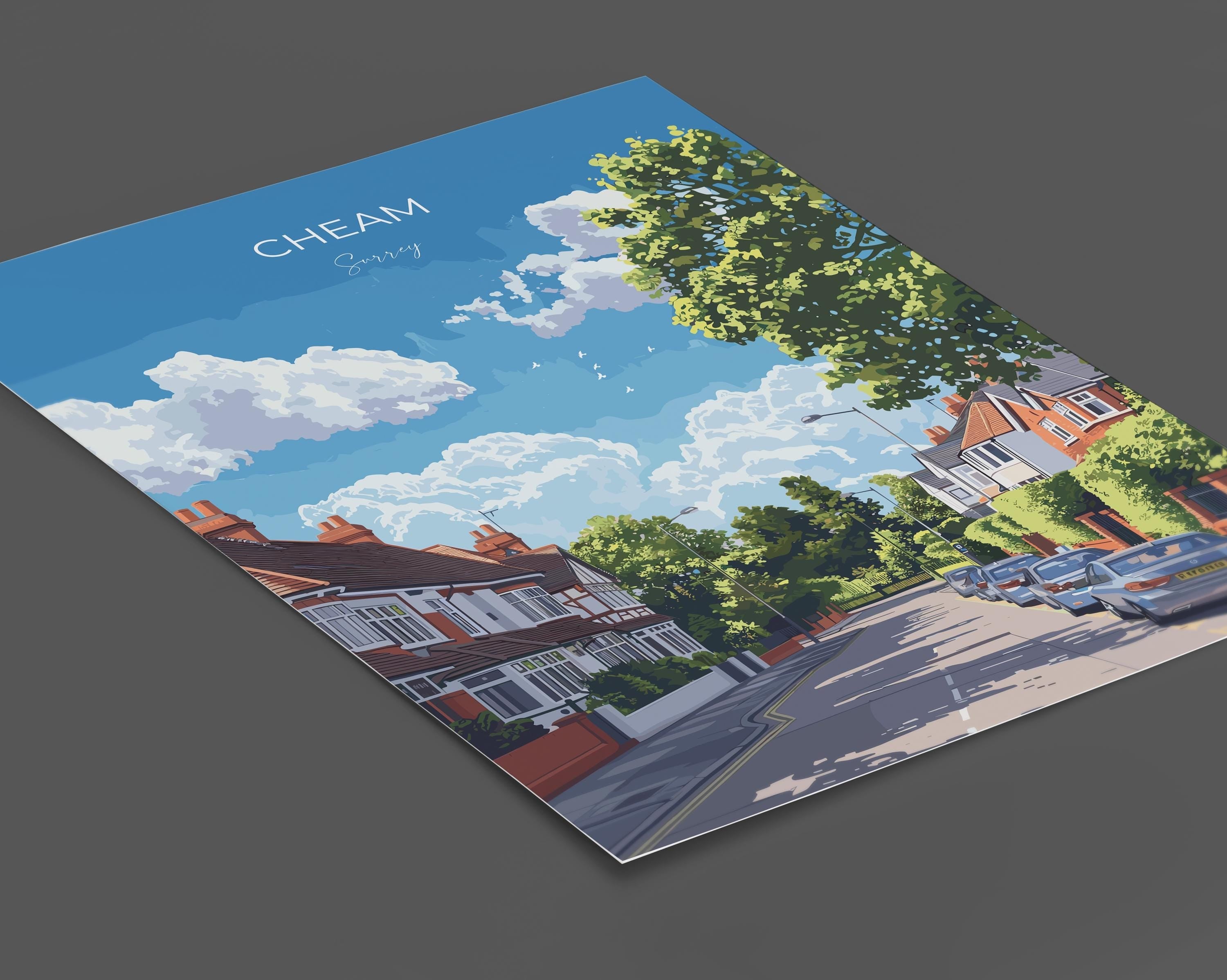 Cheam Travel Poster, Travel Print of Cheam, Surrey Poster, Cheam Art Gift, London Art Lovers UK Travel Gift NQ Media Designs