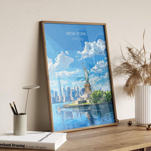 New York Travel Poster Wall Art, Travel Print of New York Manhattan, Statue of Liberty New York Art Lovers Gift, USA Art Gift