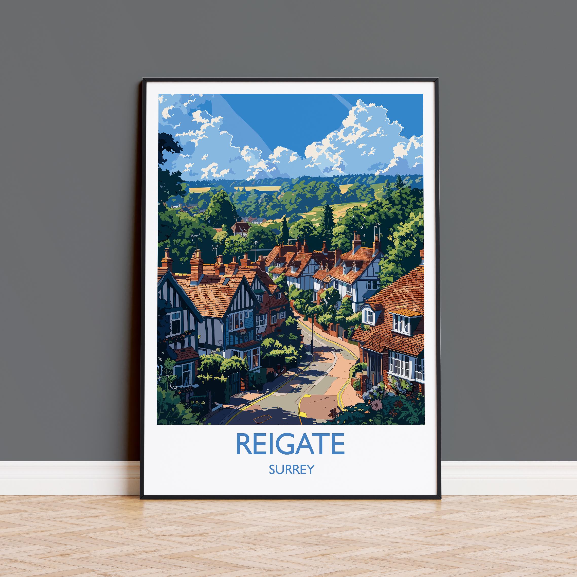 Reigate Travel Print, Travel Poster of Reigate, Surrey Poster, Reigate Art Gift, London Art Lovers UK Travel Gift NQ Media Designs