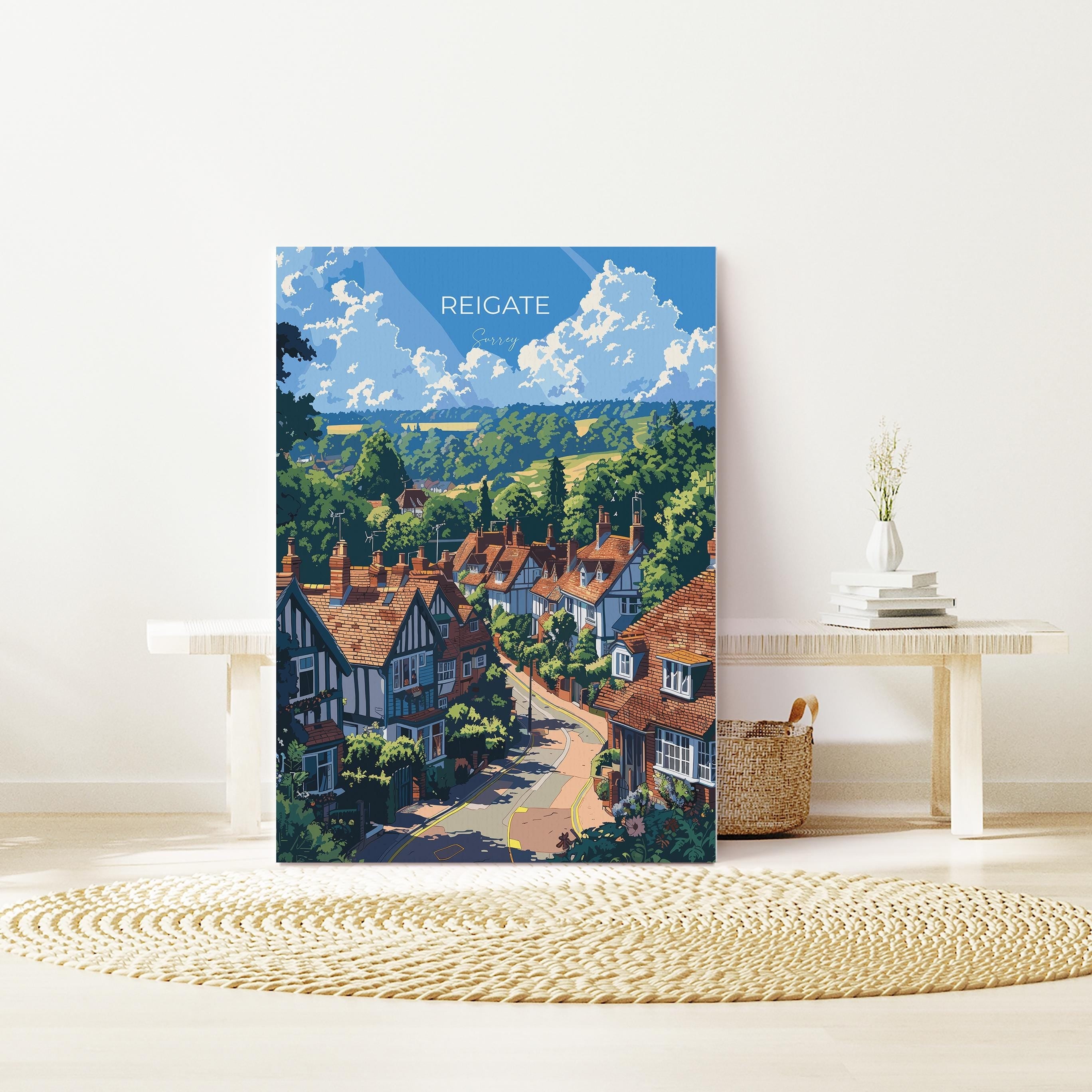 Reigate Travel Poster, Travel Print of Reigate, Surrey Poster, Reigate Art Gift, London Art Lovers UK Travel Gift NQ Media Designs