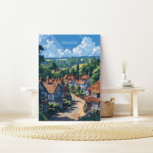 Reigate Travel Poster, Travel Print of Reigate, Surrey Poster, Reigate Art Gift, London Art Lovers UK Travel Gift
