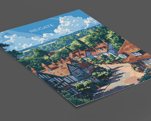 Reigate Travel Poster, Travel Print of Reigate, Surrey Poster, Reigate Art Gift, London Art Lovers UK Travel Gift