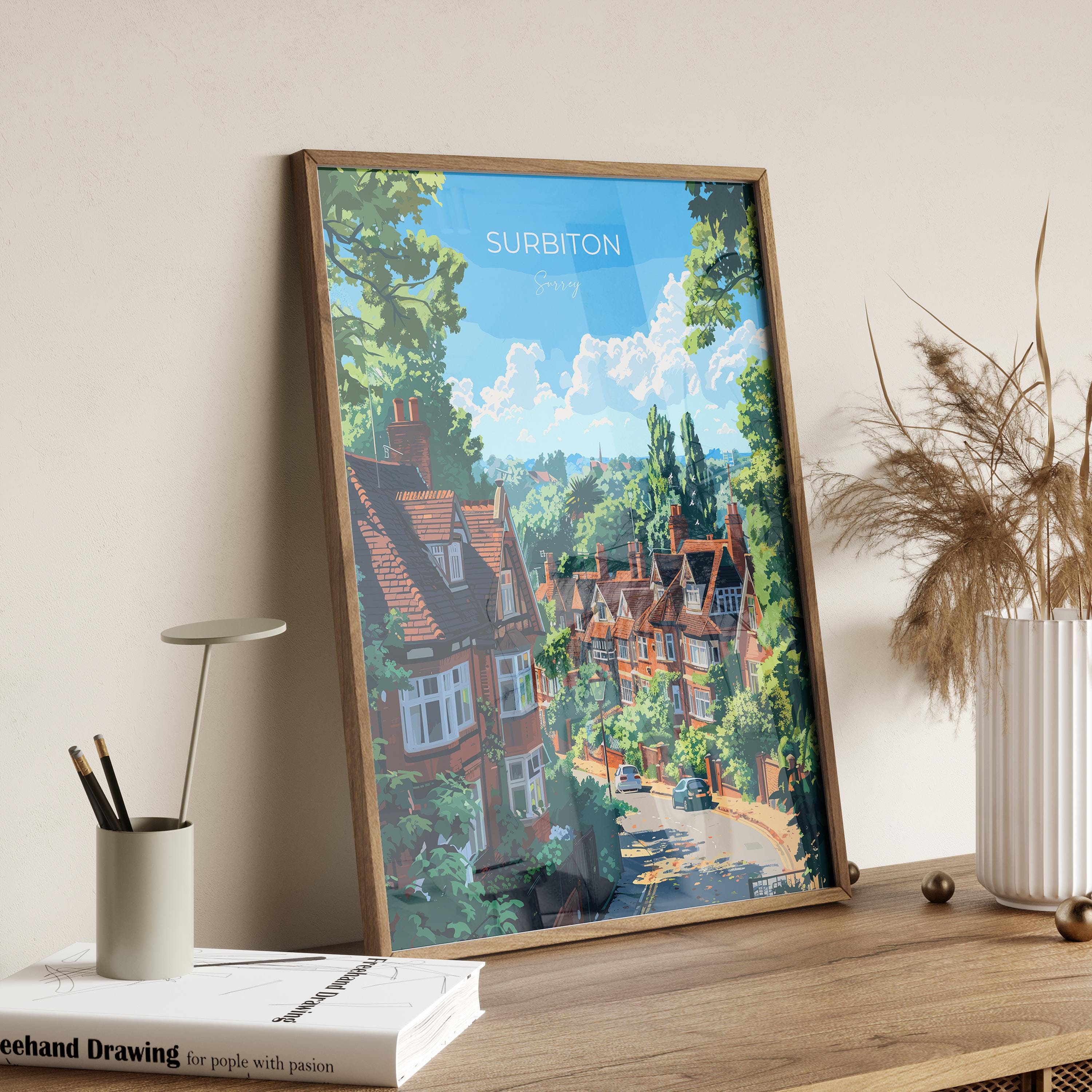 Surbiton Travel Poster, Travel Print of Surbiton, Surrey Poster, Surbiton Art Gift, London Art Lovers UK Travel Gift NQ Media Designs